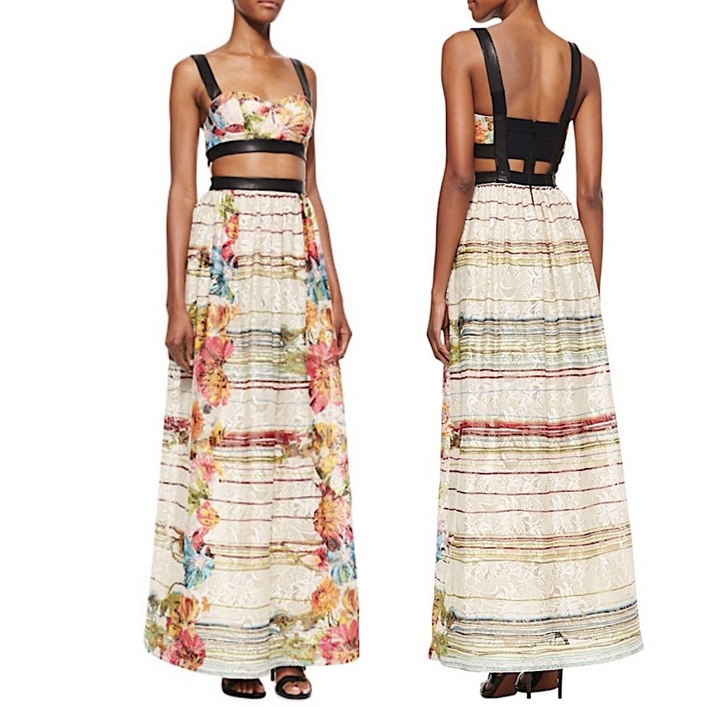 Alice + Olivia “Sveva” Floral Lace Bustier Cut-out Maxi Dress W/Leather Straps 8